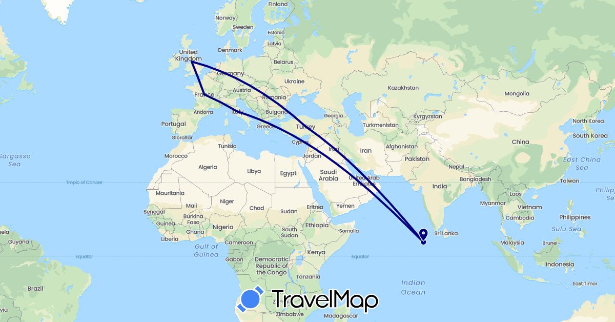 TravelMap itinerary: driving in France, United Kingdom, Italy, Maldives, Turkey (Asia, Europe)